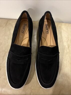 Born Black Suede Slip-On Penny Loafers with White Sole